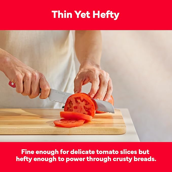Misen Serrated Bread Knife - High-Carbon Japanese AUS8 Steel - Perfect for Soft Foods, Bread, Pastries, and Fruits - Verstatile Slicer, Razor-Sharp Edge, Durable Blade, Ergonomic Handle - 10", Red