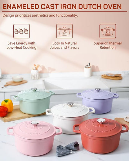 Ciwete Enameled Cast Iron Dutch Oven – 6 Quart Pot with Lid & Potholders – Heavy-Duty Cookware for Bread Baking, Braising, Stews & Roasting – Oven & Stovetop Safe up to 500°F – Red