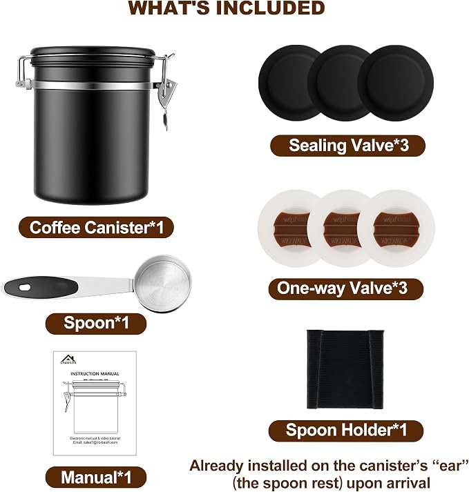ShanSon Coffee Canister Airtight, Stainless Steel Bean Storage Container with Date Tracker & Scoop, Grounds Sugar Flour Tea Cereal Fits Kitchen Pantry, Ideal Gift for Coffee Lovers,22oz, Black