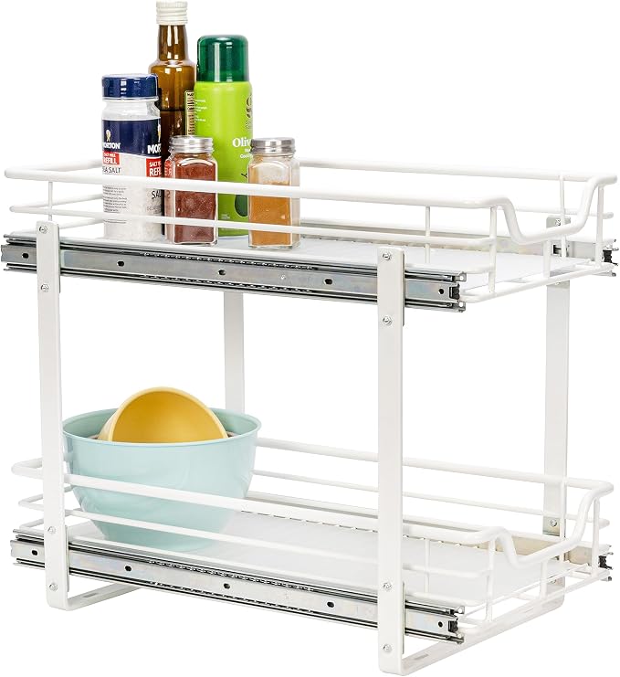 Household Essentials White Powder-Coated Steel Dual-Tier Slide Organizer with Plastic Accents