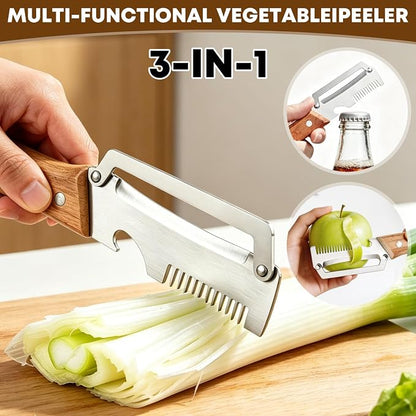 Left & Right Hand Vegetable Peeler Set with Scallion Slicer & Bottle Opener, Heavy-Duty Thick Stainless Steel Blade, Multi-Function Kitchen Peeler with Wooden Handle for Fruits & Vegetables(New 2pcs)