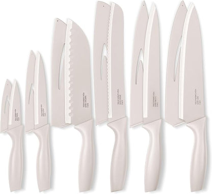 Onader 12 Pieces Khaki Knife Set for Kitchen, Sharp Stainless Steel Cooking Knife Set with Sheath Covers