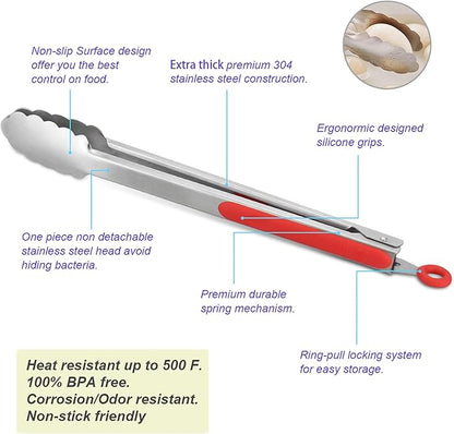 304 Stainless Steel Kitchen Cooking Tongs, 14" and 16" Set of 2 Sturdy Grilling Barbeque Brushed Locking Food Tongs with Ergonomic Grip, Red