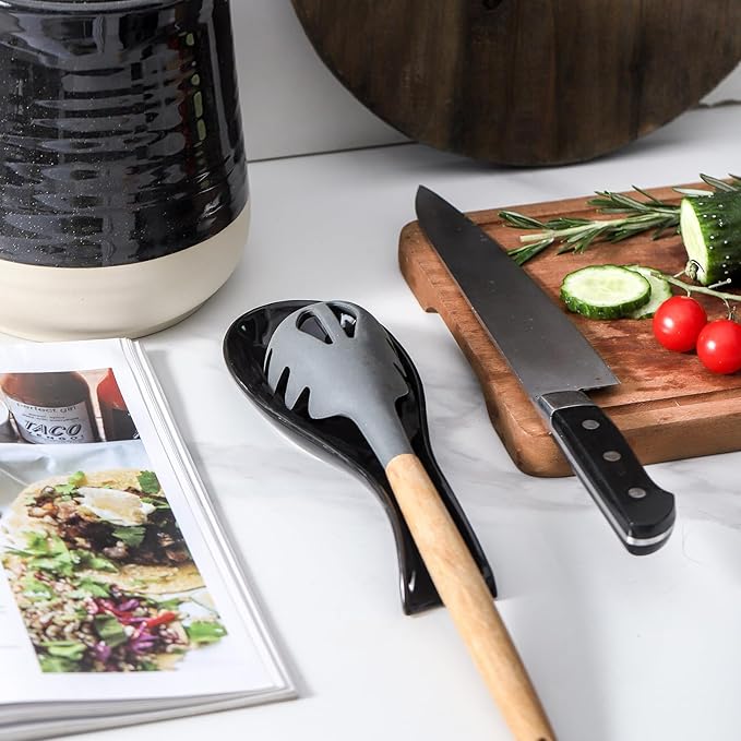 Ceramic Spoon Rest for Stove Top, Large 8.7 Inch Spoon Holder for Kitchen Counter, Porcelain Utensil Rest for Ladle, Spatula, Housewarming Gift, Dishwasher Safe and Heat-Resistant, Black, Set of 2