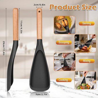 Cooking Spoon Set with Wooden Handle, Heat-Resistant Kitchen Utensils for Stirring, Mixing, Serving, Non-Stick Cookware (BLACK - 1Pack)