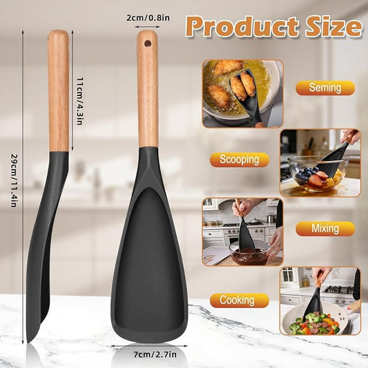 Cooking Spoon Set with Wooden Handle, Heat-Resistant Kitchen Utensils for Stirring, Mixing, Serving, Non-Stick Cookware (BLACK - 1Pack)