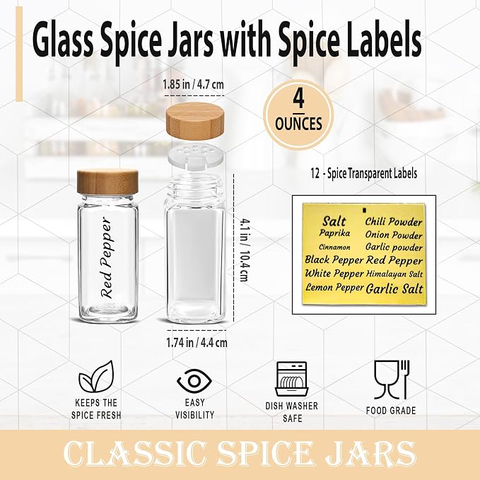 Glass Spice Jars with Bamboo Airtight Lids - (6 Pack) - 4 oz Square Spice Bottles with Shaker Lids - Clear Empty Shaker Seasoning Jars with Preprinted Spice Jars Labels and Collapsible Funnel Included