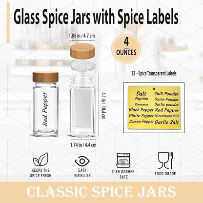 Glass Spice Jars with Bamboo Airtight Lids - (6 Pack) - 4 oz Square Spice Bottles with Shaker Lids - Clear Empty Shaker Seasoning Jars with Preprinted Spice Jars Labels and Collapsible Funnel Included