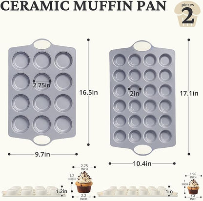 BRONYPRO 2-Pack 12 Cup and Mini 24 Cup Non Toxic Nonstick Ceramic Muffin Pan & Cupcake Tin, PFOA & PTFE Free, Heavy Duty Rust-Resistant Aluminized Steel, Oven & Dishwasher Safe, Cream White