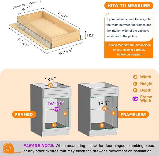 Pull Out Cabinet Organizer, 11" W x 21" D | Soft Close, Heavy Duty Slides, Wood Slide Out Drawers, For Kitchen Cabinets