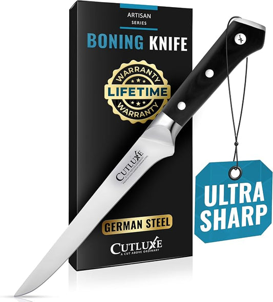 Cutluxe Boning Knife – 6" Razor Sharp Fillet – High Carbon German Steel – Full Tang Ergonomic Handle Design, Grilling Gifts for Men – Artisan Series