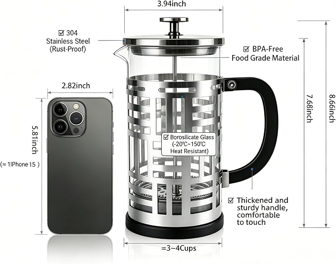 French Press Coffee Maker 34 oz, Glass Coffee Press with 316 Stainless Steel Filter, Plastic-Free Brewer for Coffee, Cold Brew,Tea & Cocoa, With Extra Filter