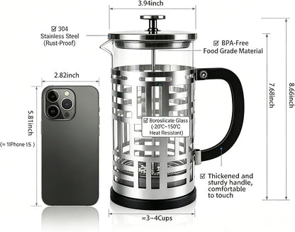 French Press Coffee Maker 34 oz, Glass Coffee Press with 316 Stainless Steel Filter, Plastic-Free Brewer for Coffee, Cold Brew,Tea & Cocoa, With Extra Filter
