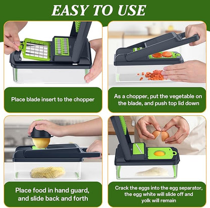 HomeHacks Vegetable Chopper Vegetable Cutter, 15 in 1 Kitchen Gadget, Dicer, Slicer, Onion Cutter, Salad, Cheese Grater & Egg Separator - Multi-Functional Veggie Chopper Lid with Handle (Green)