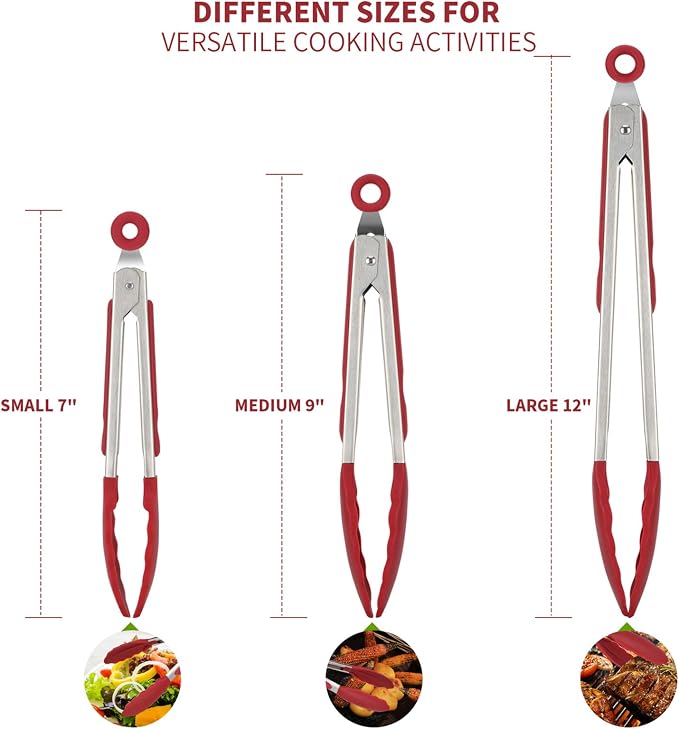 Kitchen Tongs, U-Taste 7/9/12 inches Cooking Tongs, with 600ºF High Heat-Resistant Non-Stick Silicone Tips, 18/8 Stainless Steel Handle, for Food Grill, Salad, BBQ, Frying, Serving, Pack of 3(Red)