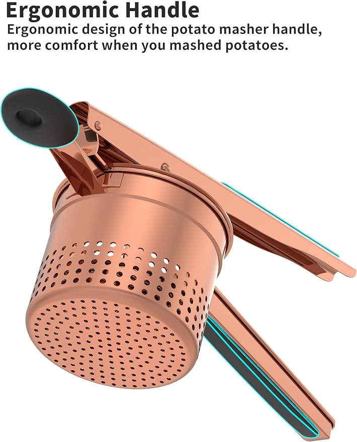 GloTika Large 15oz Potato Ricer, Heavy Duty Stainless Steel Ricer for Mashed Potatoes, Sweet Potato Masher Kitchen Tool with Ergonomic Handle, Press and Mash Kitchen Gadget, Rose Gold