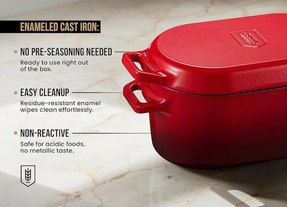 KooK Oval Loaf Shaped Cast Iron Dutch Oven for Bread Baking, 3.4 Qt Sourdough Dutch Oven with Lid, Enameled, Lid Lever, Dual Handles, Dishwasher Safe, 500°F, Cherry Ombre