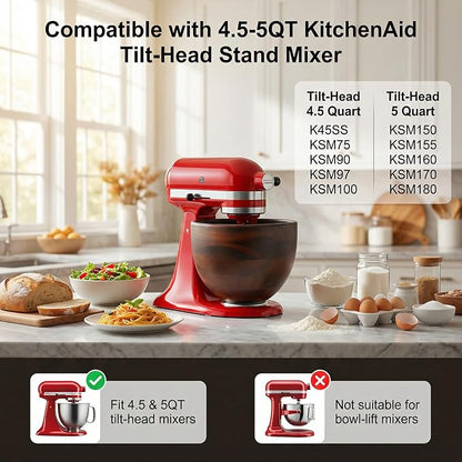 GVODE Premium Wooden Bowl for KitchenAid Mixer, Perfect Compatible with 4.5-5 Quart Tilt-Head Models (K45 KSM75 KSM150 KSM175), Natural Handcrafted Wooden Bowl with Stainless Steel Locking Base