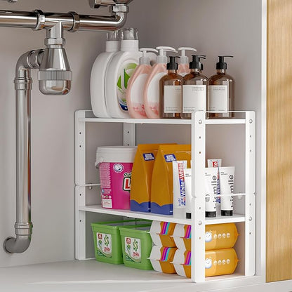 2 Pack Expandable Cabinet Organizer Shelves, 88lbs High Weight Capacity, Stackable Heavy-Duty Metal Storage Rack, Adjustable Cabinet Shelf for Kitchen, Pantry, Cupboard, Under Sink, White