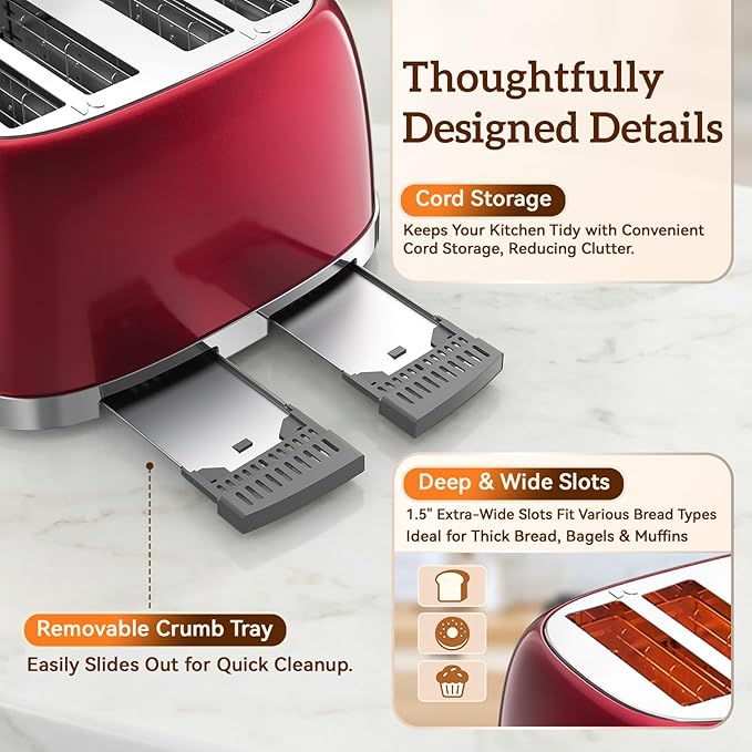 RONGBEST Retro 4 Slice Stainless Steel Toaster with Wide Slot Touch Screen for Family Breakfast, Reheat & Defrost, 6 Browning Levels for Bagel & Bread, Easy Removable Crumb Tray, Red Pearl