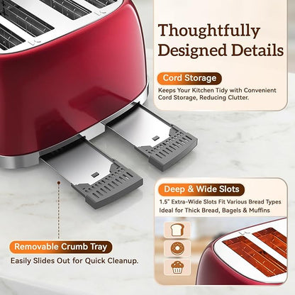 RONGBEST Retro 4 Slice Stainless Steel Toaster with Wide Slot Touch Screen for Family Breakfast, Reheat & Defrost, 6 Browning Levels for Bagel & Bread, Easy Removable Crumb Tray, Red Pearl