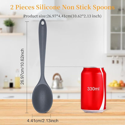 2 Pcs Silicone Nonstick Mixing Spoon,10.6Inch Silicone Spoons for Cooking Heat Resistant, Cooking Utensil for Kitchen Cooking Baking Stirring Serving (Grey)