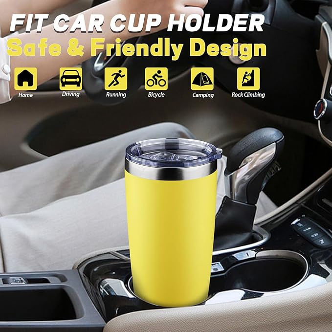 20 oz Tumbler with Lids and Straws, Stainless Steel Insulated Coffee Tumbler, Double Wall Vacuum Insulated Travel Mug Cup, Leakproof Thermal Coffee Cup for Hot and Cold Drinks (Yellow)