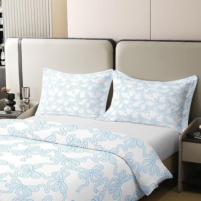 Castle Fairy Blue Bowknot 100% Cotton Duvet Cover Set Coquette Bowtie Ribbon Comforter Cover Set (Not Comforter) Dreamy Princess Style Cute Bow Bedding Set Queen Size 3 Pcs