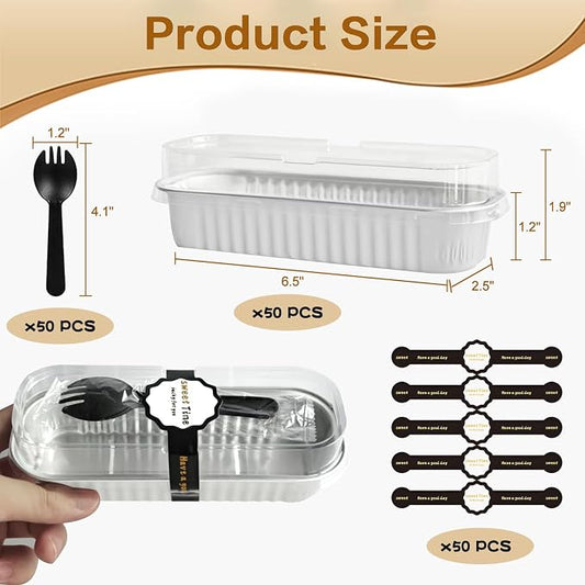 Mini Cake Pans With Lids And Spoons 50 Pack,6.8 oz Rectangle Mini individual Loaf Pans, Disposable Aluminum Foil Small Baking Cups Tins, Baking Containers for Xmas, Party and Picnics (White)