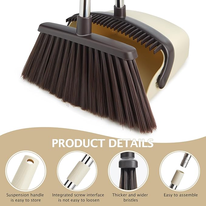 2-Pack Broom and Dustpan Set with Long Handle, Heavy Dust Broom and Dustpan Combo for Home，Kitchen, Office, Pet Hair(Beige)