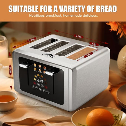 WUNLY 4 Slice Toaster,Touchscreen & Dual Independent Control Panel,5 Basic Functions & Digital Countdown Toasters,6 Shade Settings＆6 Bread Types,Smart Bread Maker Mute/Screen-Off, Stainless Steel