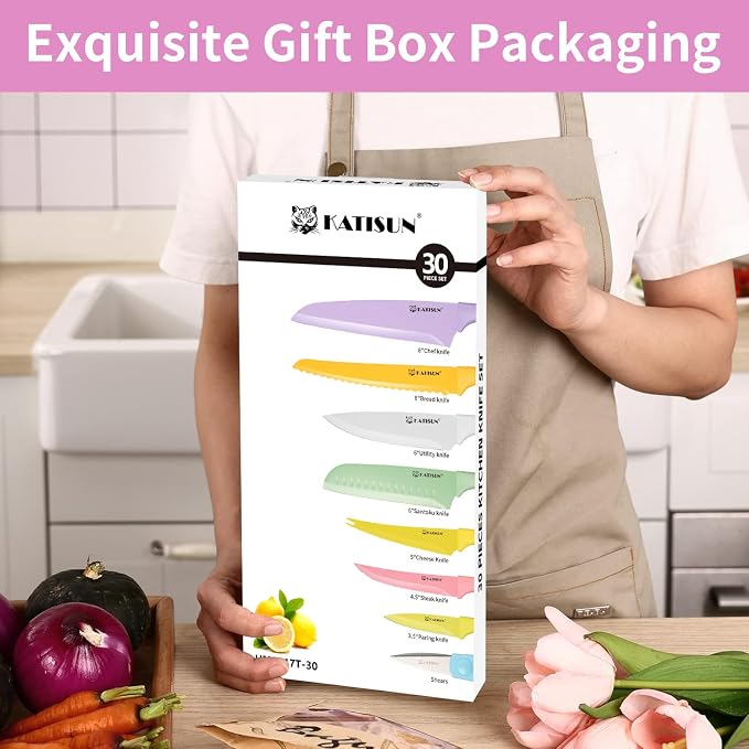 Knife Set with Kitchen Cutting Board，30 Piece Colour Coding Stainless Steel Boxed Knives Set with Kitchen Shears，14 Knives with 14 Blade Covers，Anti-Rust and Dishwasher Safe