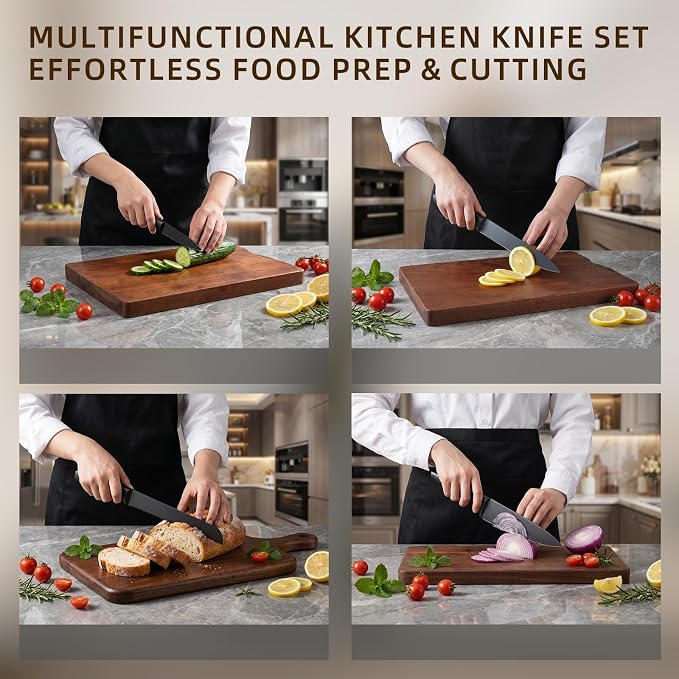 ZHANG XIAO QUAN 15-Piece Kitchen Knife Set with Block, High Carbon Stainless Steel, Ergonomic Hollow Handles, Durable Sharp Blades for Precision Cutting, Black
