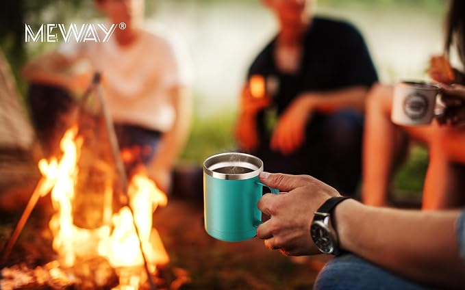 MEWAY 12oz Coffee Mug With Handle 8 Pack Bulk,Stainless Steel Insulated Travel Tumblers With Sliding Lid,Double Wall Vacuum Camping Cup for Hot & Cold Drinks Tea (Light Green,Set of 8)