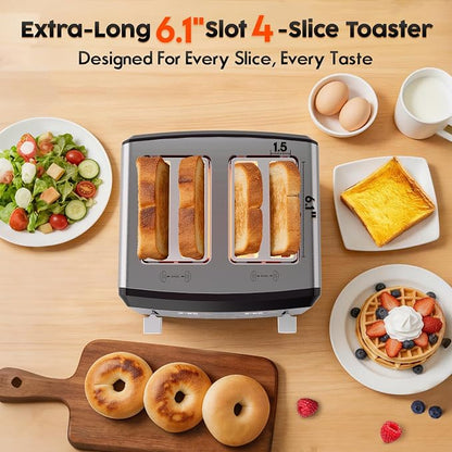 PULZO 4 Slice Toaster Wide Slot, LED Display, Dual Independent Control Panel, 6 Bread Modes, Defrost, Reheat & Timer, Digital Toasters for Bagel Muffin Waffle Gluten Free Breads