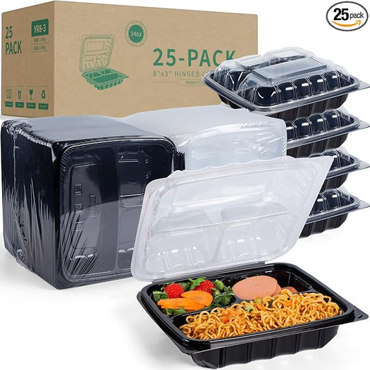YANGRUI 25 Pack 34oz 8" 3-Compartment Togo Container Shrink-Wrapped No Wash | Ready to Use Anti-Fog Lid | Leakproof BPA-Free PP | Microwave & Freezer Safe for Cold Brew Salad, Hotel Catering & Meal Prep