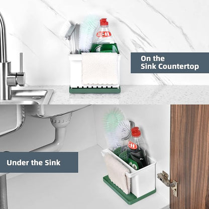 JOMOLA Kitchen Sink Organizer Dish Brush Sponge Holder Caddy Toothbrush Holders for Bathrooms Sinkware Kitchen Utensil Holder Sink Caddy Organizer with 4 Separate Dividers Removable Drain Tray (Green)
