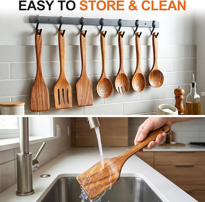 7 Pcs Acacia Wood Cooking Utensils Set Large Wooden Spoons for Cooking Spatula Salad Mixing Spoon Non Toxic Utensil for Kitchen Use Spatulas Non Stick Turner Slotted Serving Spoon Kitchen Utensils