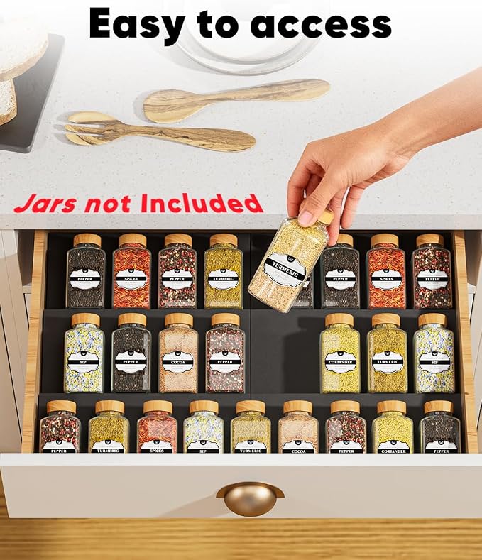 Spice Drawer Organizer, Spice Rack Tray for Kitchen Cabinet, Expandable Seasoning Storage Rack Insert for Drawer/Countertop,9 Pieces Set, ABS (Jars Not Included)