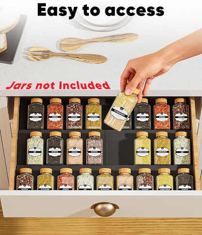 Spice Drawer Organizer, Spice Rack Tray for Kitchen Cabinet, Expandable Seasoning Storage Rack Insert for Drawer/Countertop,6 Pieces Set, ABS (Jars Not Included)