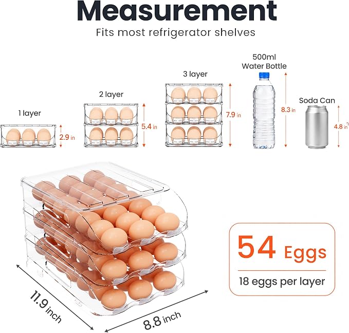SMRCAD Egg Holder for Fridge, Automatic Steady Rolling Egg Dispenser with Silicone Bumpers & Handle for Refrigerator, Large Capacity Egg Organizer with Lid