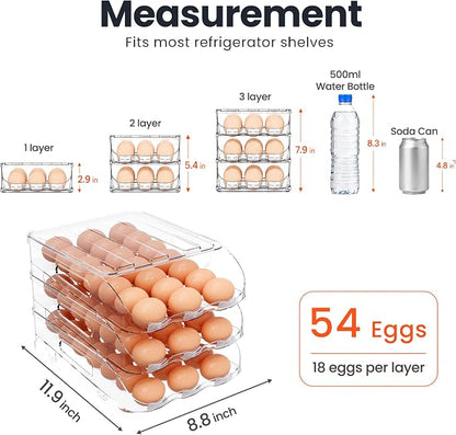 SMRCAD Egg Holder for Fridge, Automatic Steady Rolling Egg Dispenser with Silicone Bumpers & Handle for Refrigerator, Large Capacity Egg Organizer with Lid
