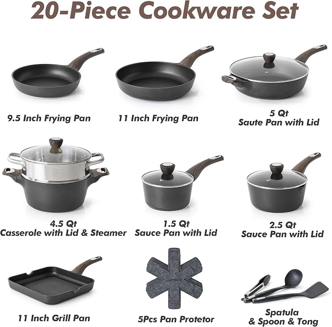 SENSARTE Pots and Pans Set Nonstick, 20 Pcs Induction Cookware Sets, Non-toxic Healthy Non Stick Kitchen Cooking Set with Stay-Cool Handles, PFOA PFOS Free, Black