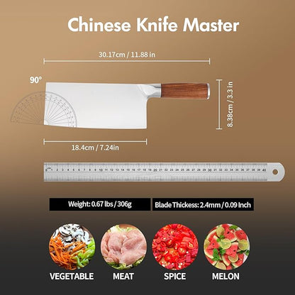 SHI BA ZI ZUO 7 Inches Stainless Steel Meat and Vegetable Cleaver Knife with Ergonomic and Sturdy Wooden Handle