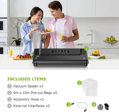 Bonsenkitchen Vacuum Sealer Machine | Compact Food Sealer for Kitchen Storage & Meal Prep | Multiple Modes | External Vacuum System | 5 Bags, Black