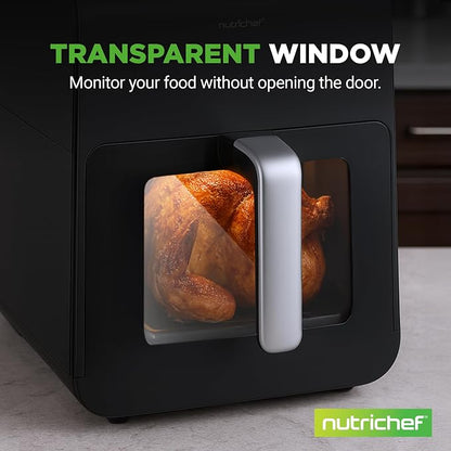 NutriChef 6 Liter Electric Air Fryer & Food Steamer Function | 12-1 Preset Cooking Functions, Fries, Chicken, & More | Transparent Window & Food Steaming option for Best Cooking Results | Black