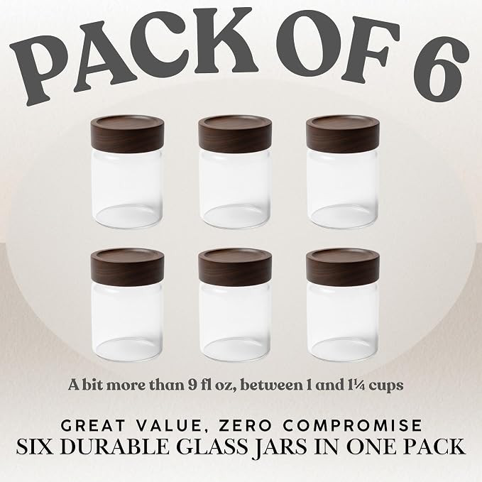 Wide Mouth Glass Storage Jars With 3" Acacia Wood Lids - 6 Pack of 9.1 Oz Airtight Food Storage Containers - Borosilicate Glass Canisters for Kitchen - Pantry Organizers and Storage for Rice Coffee