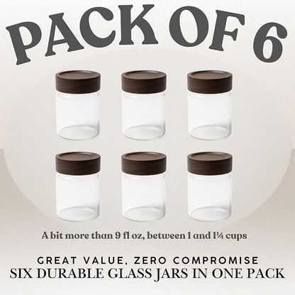 Wide Mouth Glass Storage Jars With 3" Acacia Wood Lids - 6 Pack of 9.1 Oz Airtight Food Storage Containers - Borosilicate Glass Canisters for Kitchen - Pantry Organizers and Storage for Rice Coffee