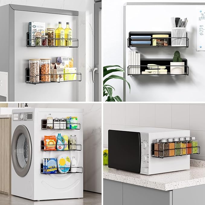 Mystozer 3 Pack Magnetic Spice Rack Organizer,Space Saver for Refrigerator and Whiteboard, Metal Fridge Shelf for Kitchen,Laundry Room,Barbecue Grill,Coffee Maker,Microwave Home Organization(Black)