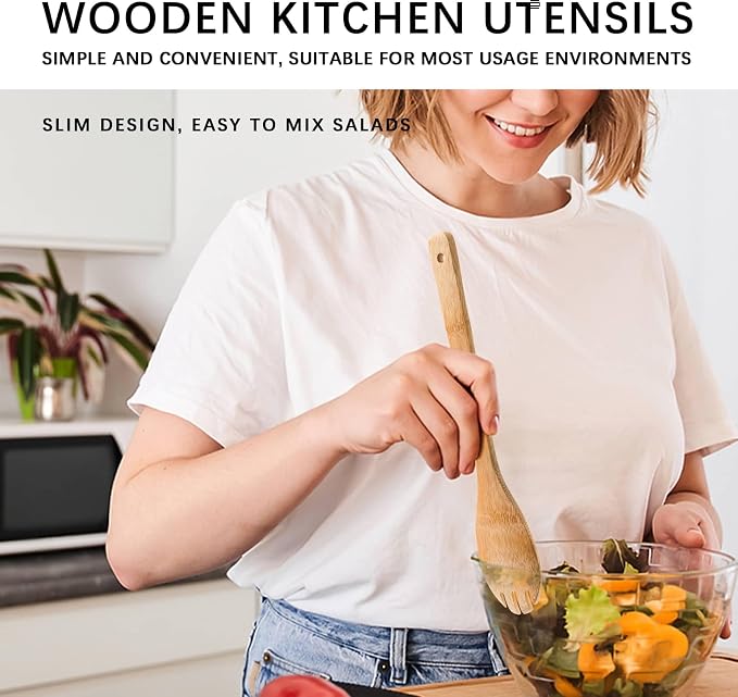 Wooden Spoons for Cooking, 6PCS Wooden Utensil Set Includes Slotted Spoon, Wooden Spoon & Wooden Spatula, Bamboo Cooking Utensils for Non-Stick Pans, Natural Bamboo Utensils